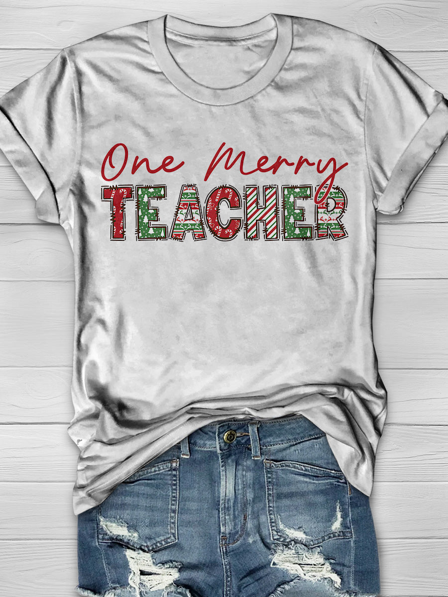 Retro One Merry Teacher Print Graphic T-shirts