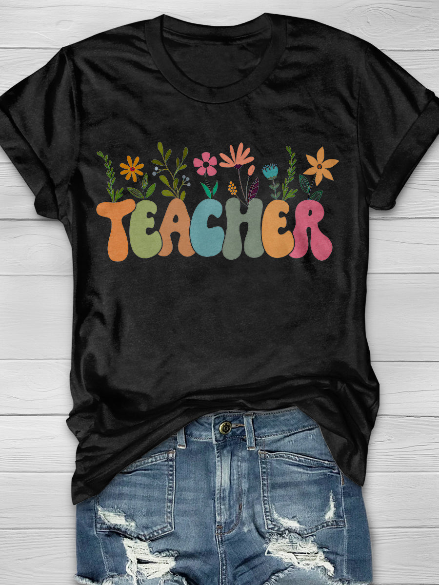Flower Teacher Print Graphic T-shirts