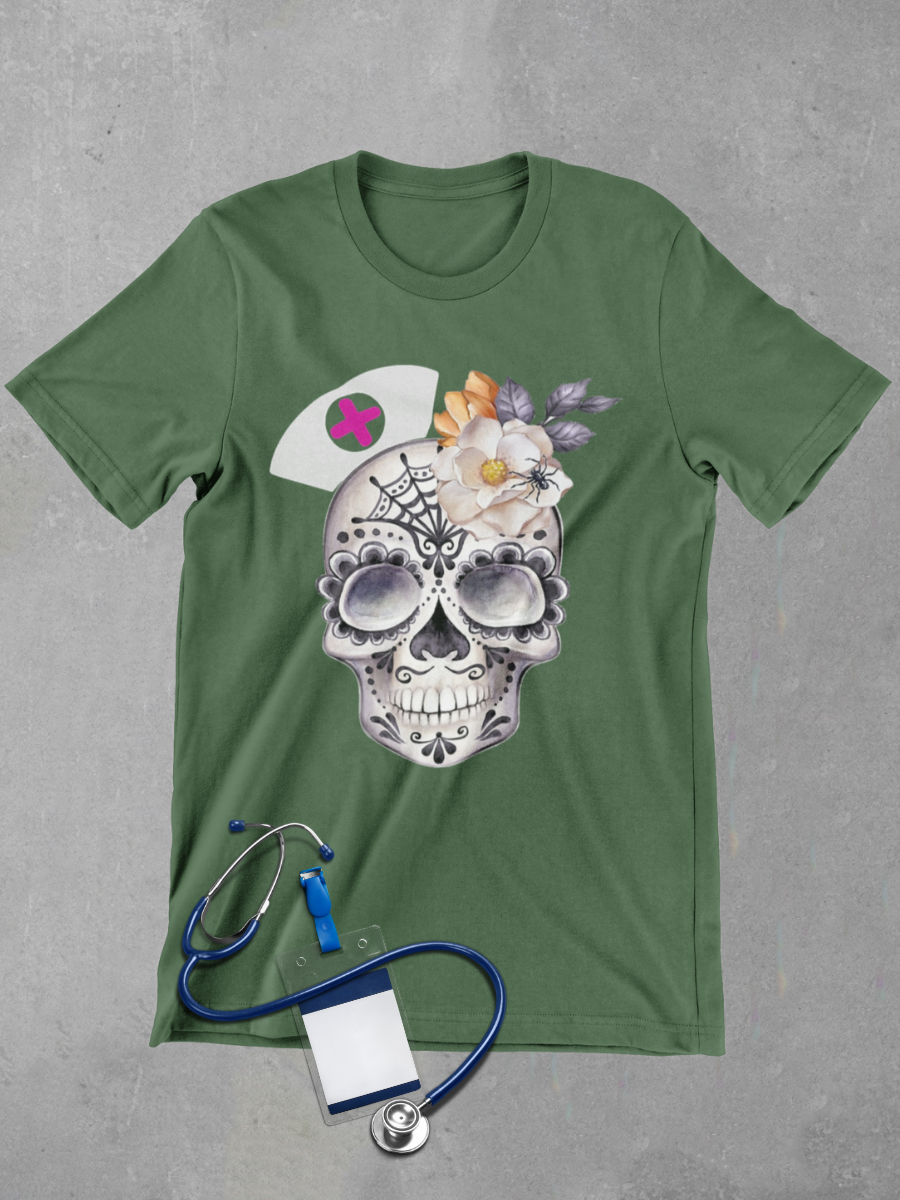 Vintage Skeleton Floral Nurse Graphic T-shirt