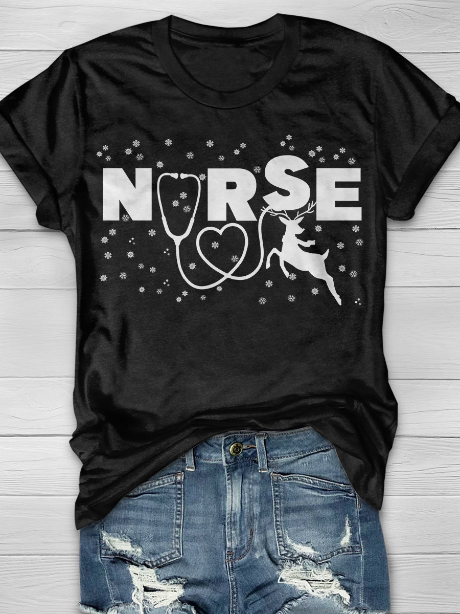 Christmas Reindeer Nurse Print Short Sleeve T-shirt