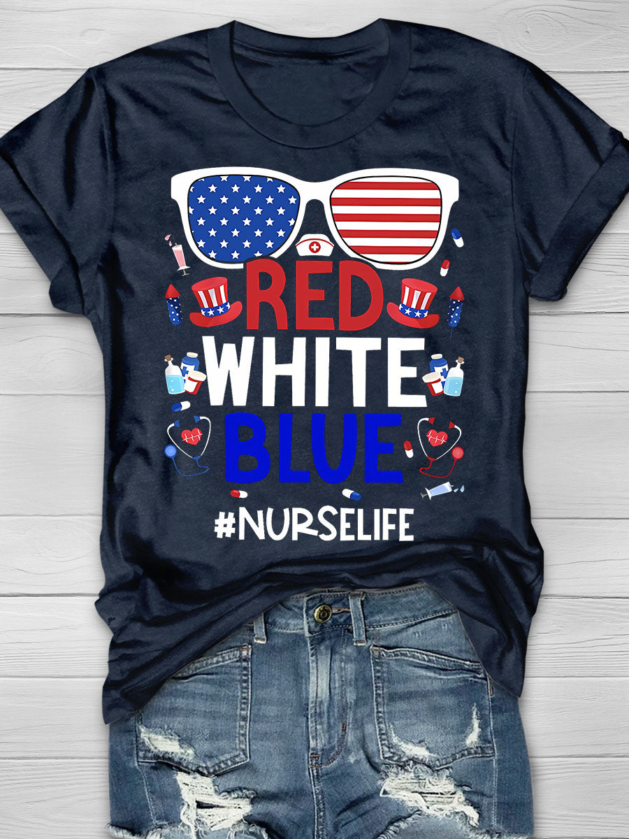 America Nurse Life Red White Blue Print Short Sleeve T-shirt