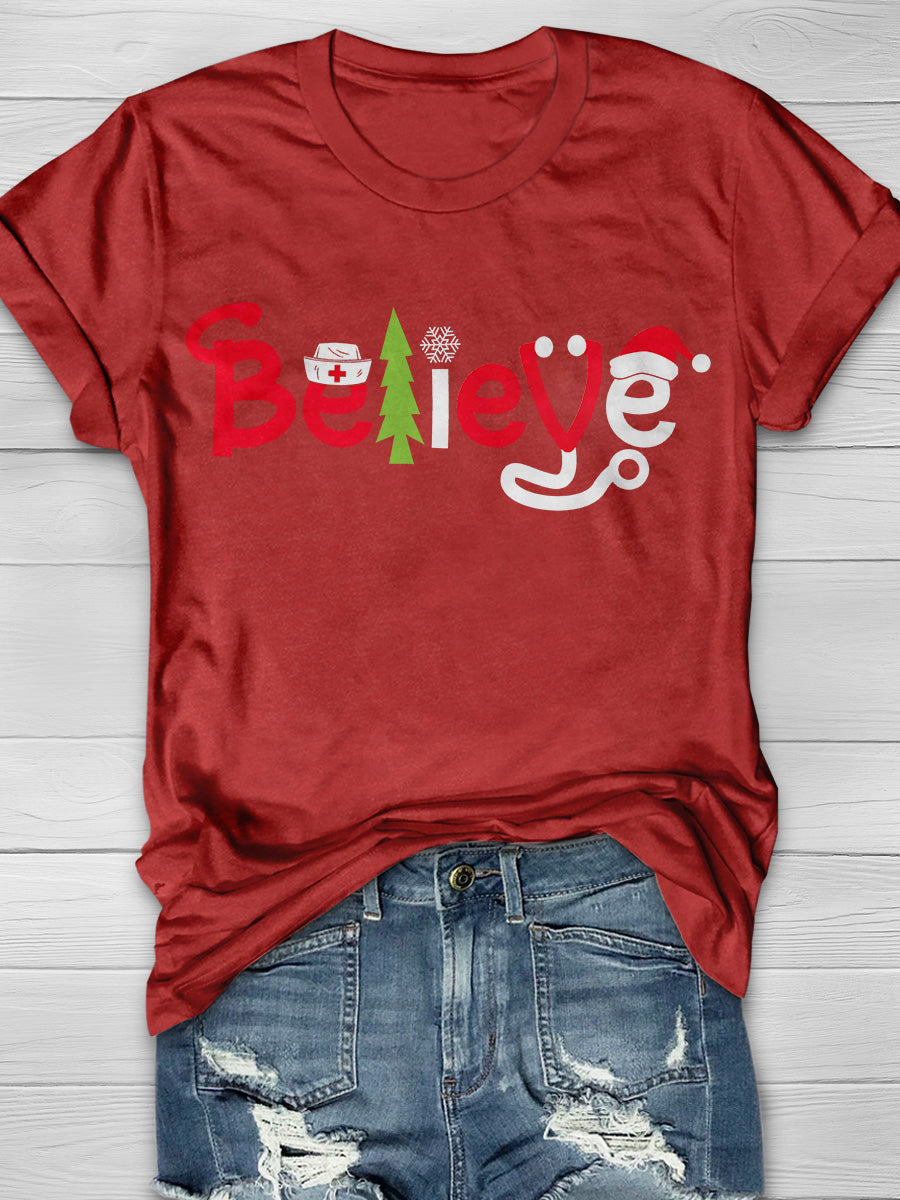 Christmas Nurse Believe Print Short Sleeve T-shirt
