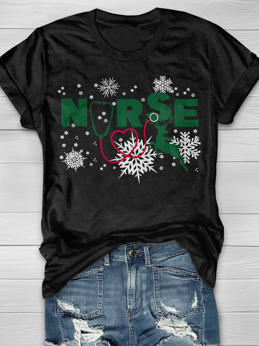 Christmas Nurse Crew Print Short Sleeve T-shirt