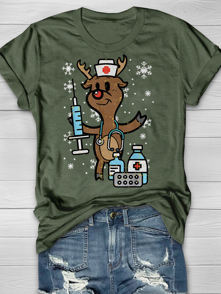 Christmas Nurse Reindeer Funny Print Short Sleeve T-shirt