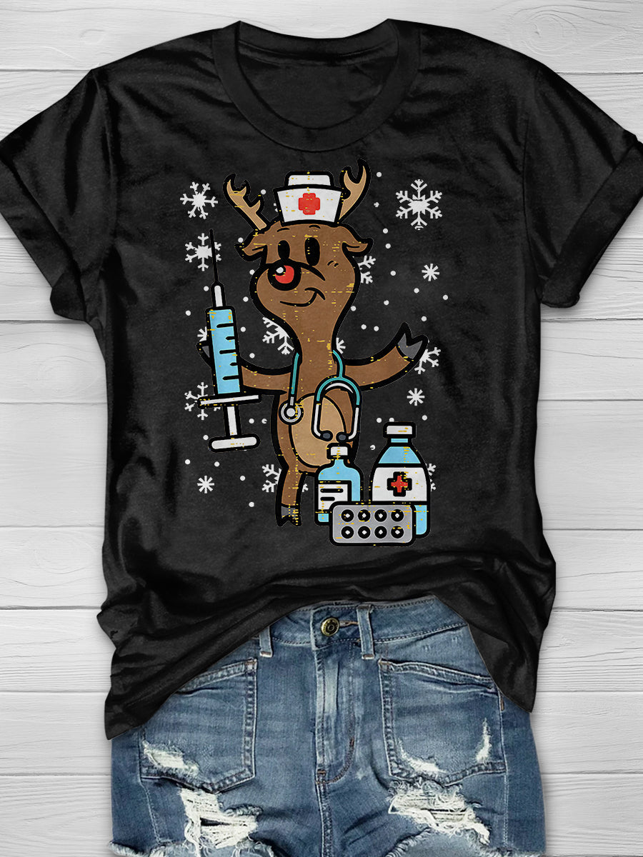 Christmas Nurse Reindeer Funny Print Short Sleeve T-shirt