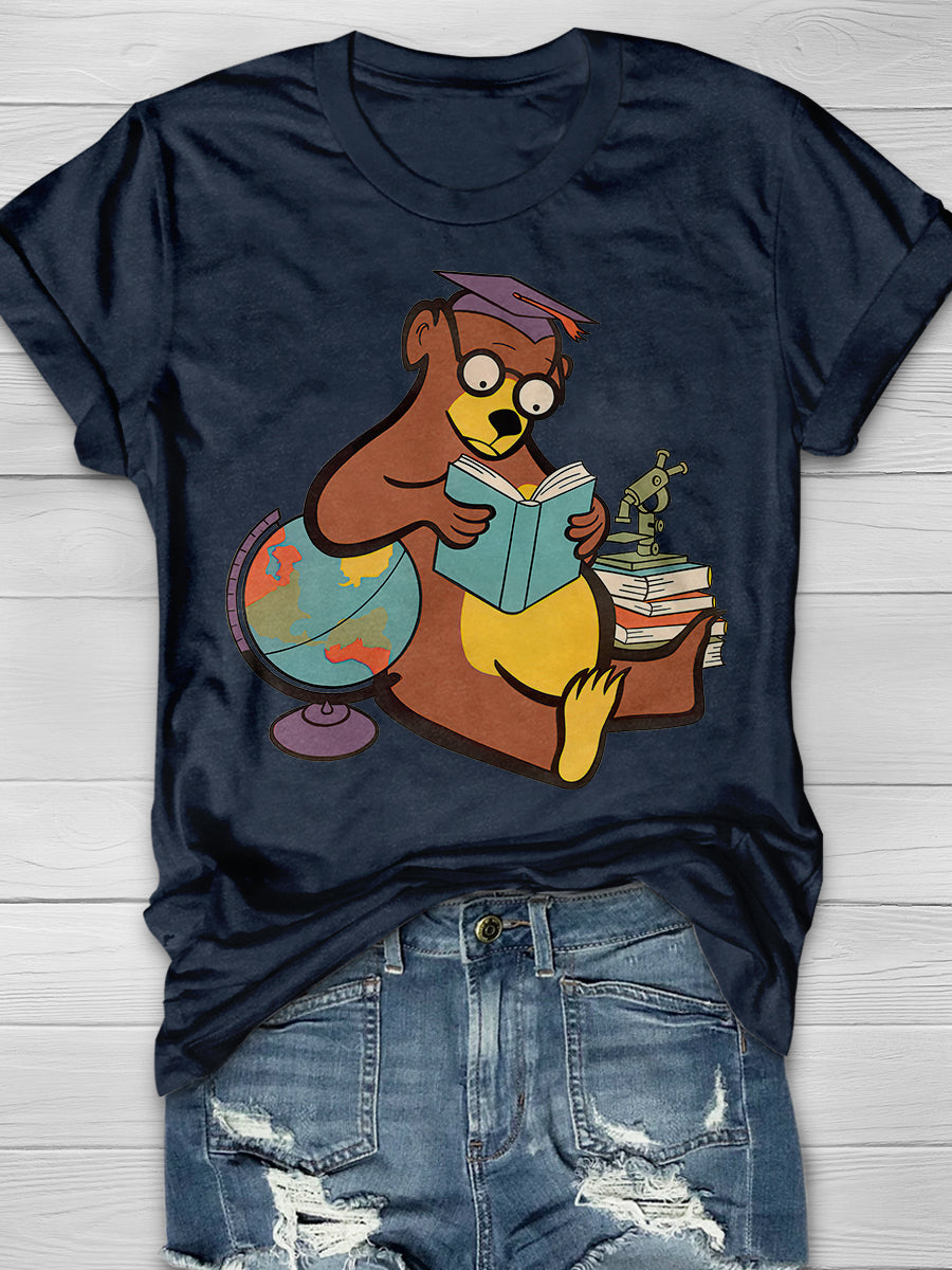 Scholarly Bear Reading Print Graphic T-shirts