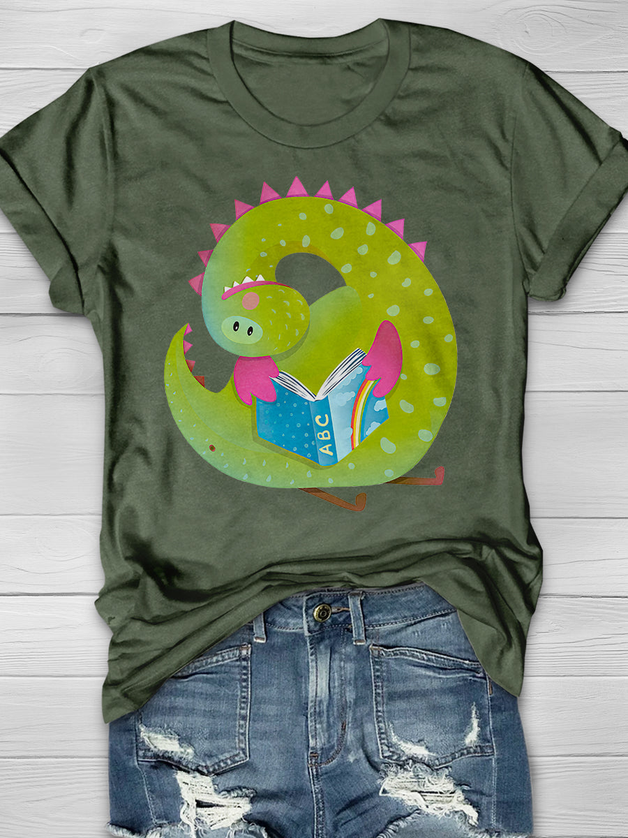 Baby Dragon Reading Book Print Graphic T-shirts