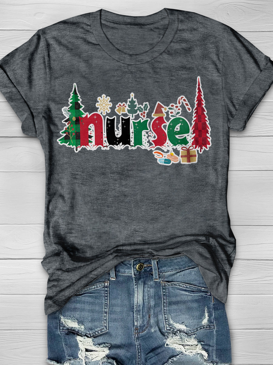 Christmas Nurse Print Short Sleeve T-shirt