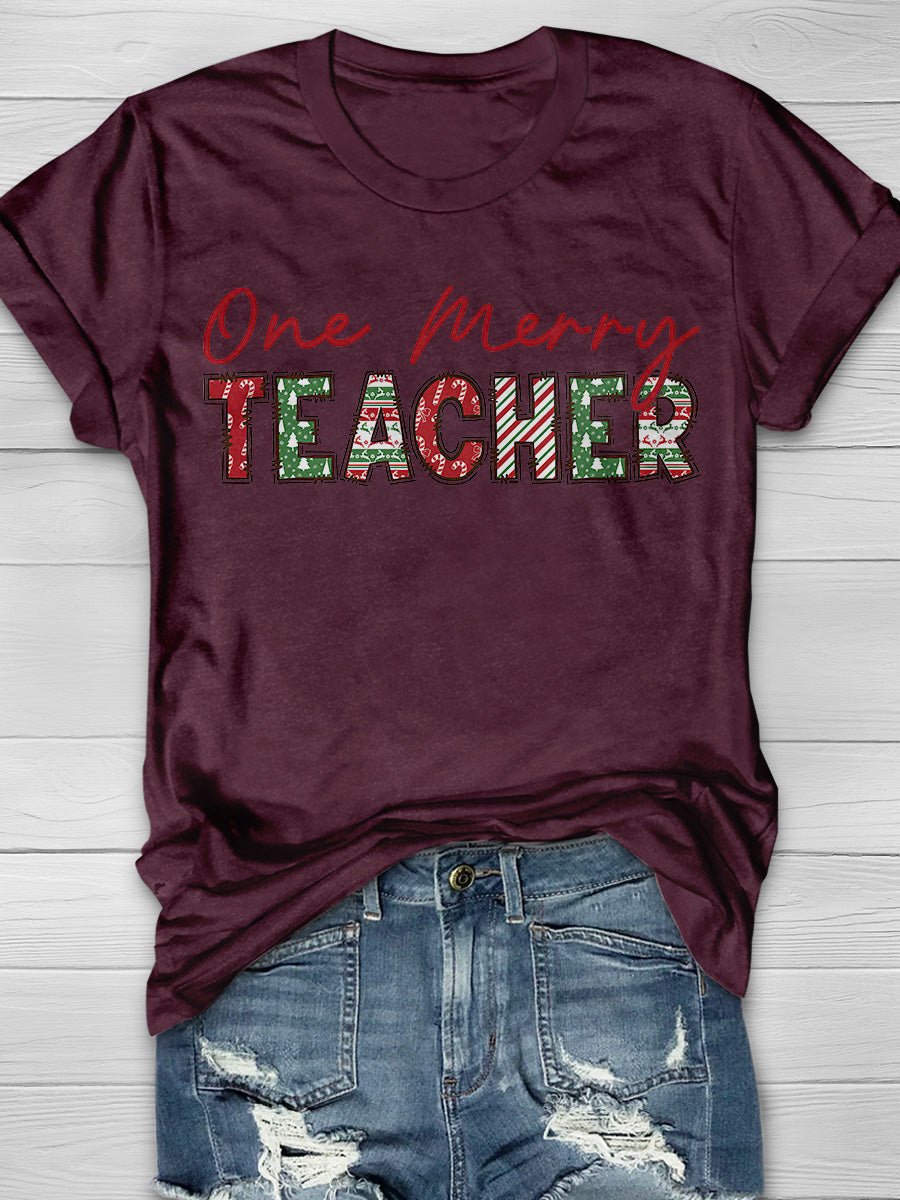 Retro One Merry Teacher Print Graphic T-shirts
