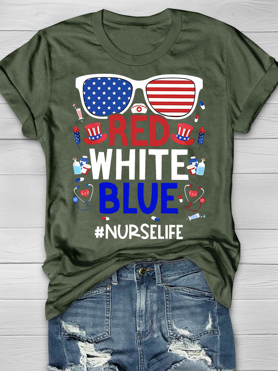 America Nurse Life Red White Blue Print Short Sleeve T-shirt