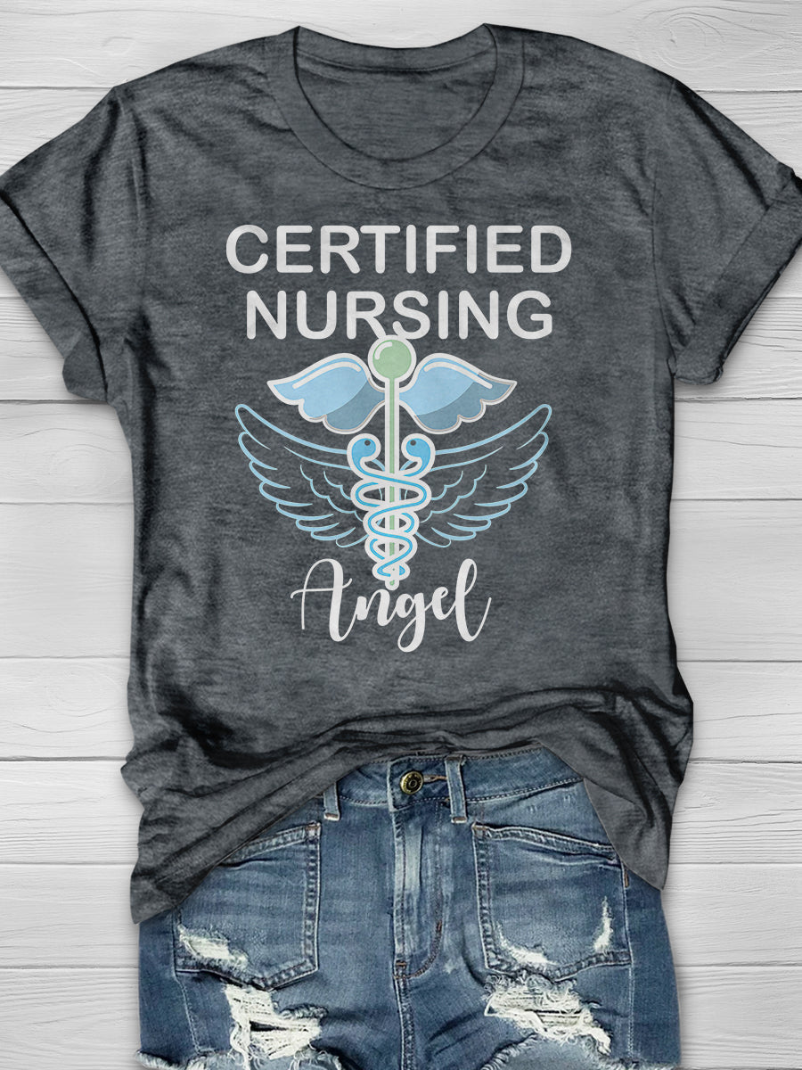 Certified Nursing Angel Print Short Sleeve T-shirt