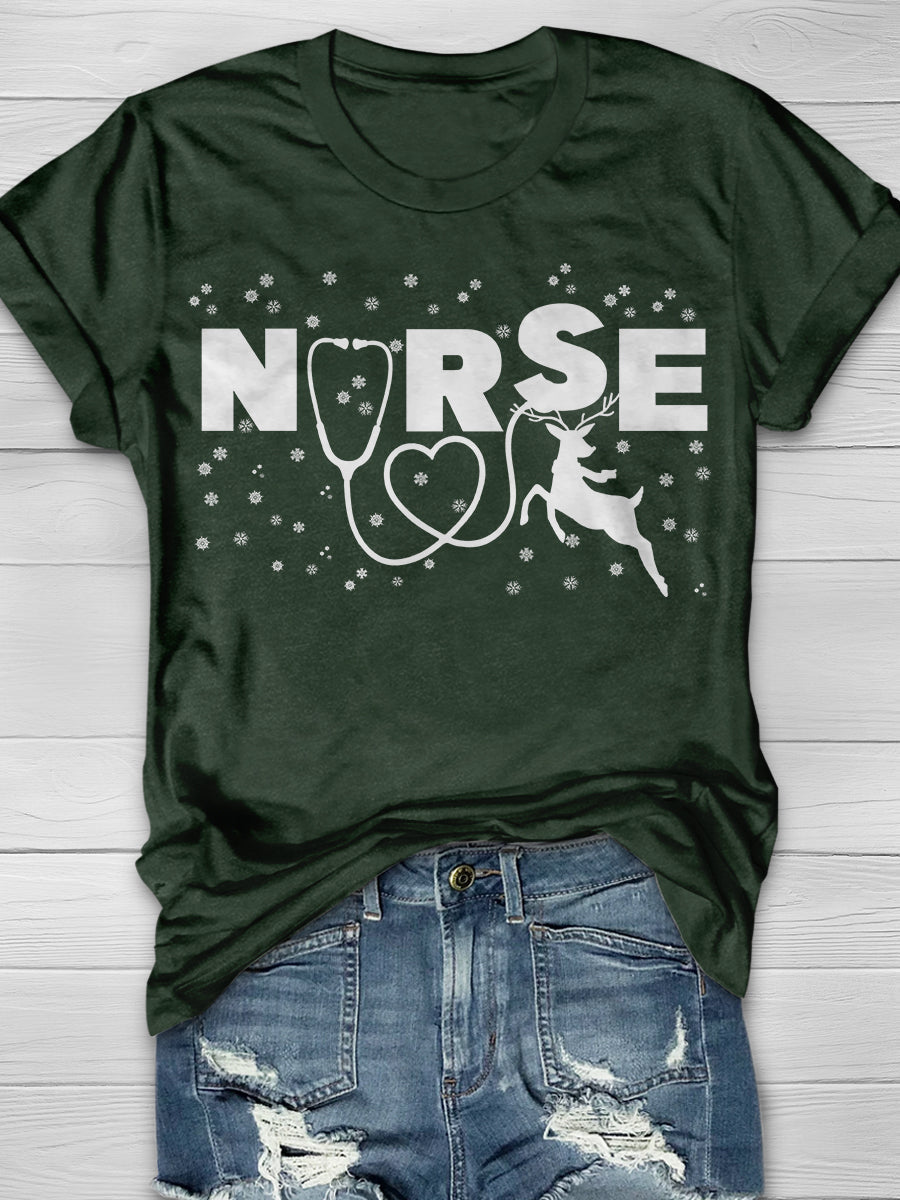 Christmas Reindeer Nurse Print Short Sleeve T-shirt