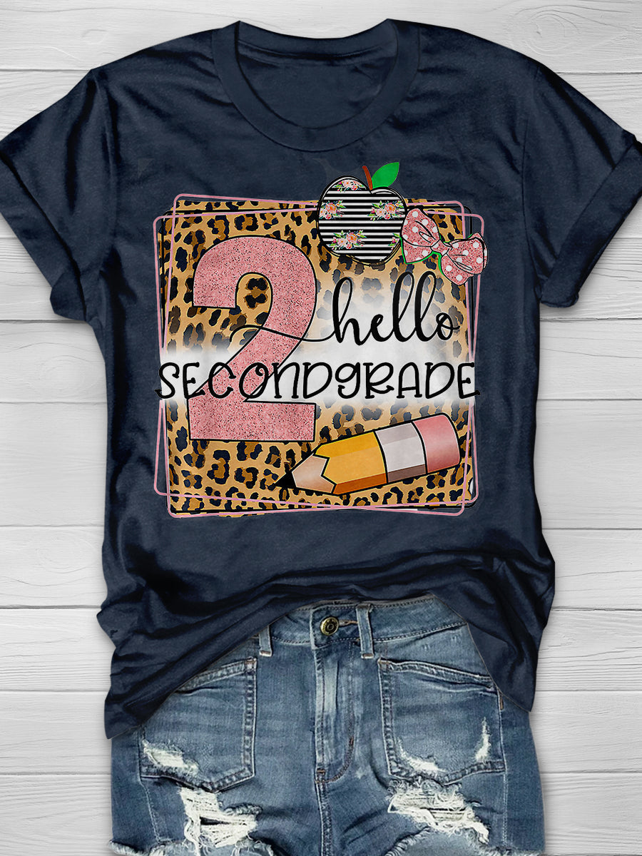 Hello Second Grade Leopard Print Graphic T-shirts