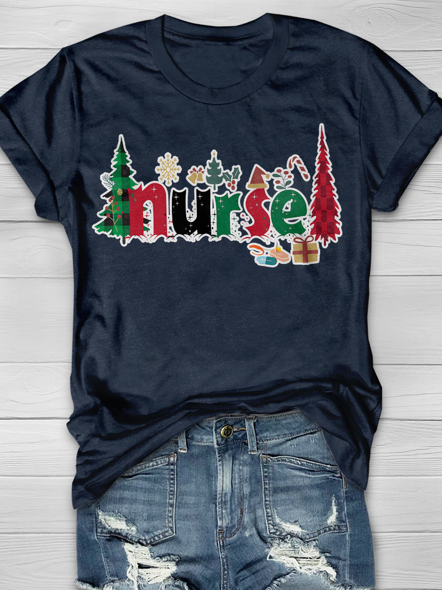Christmas Nurse Print Short Sleeve T-shirt