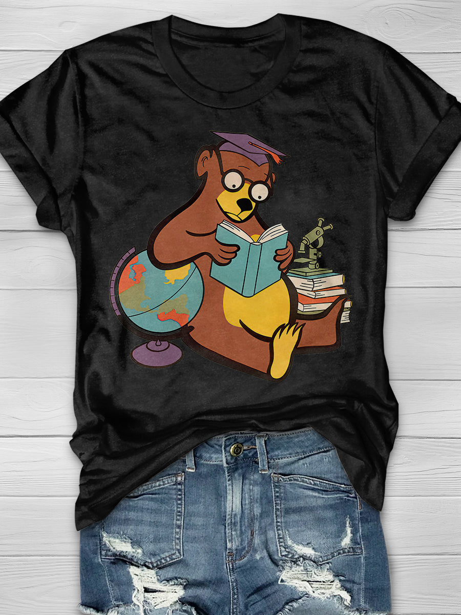 Scholarly Bear Reading Print Graphic T-shirts