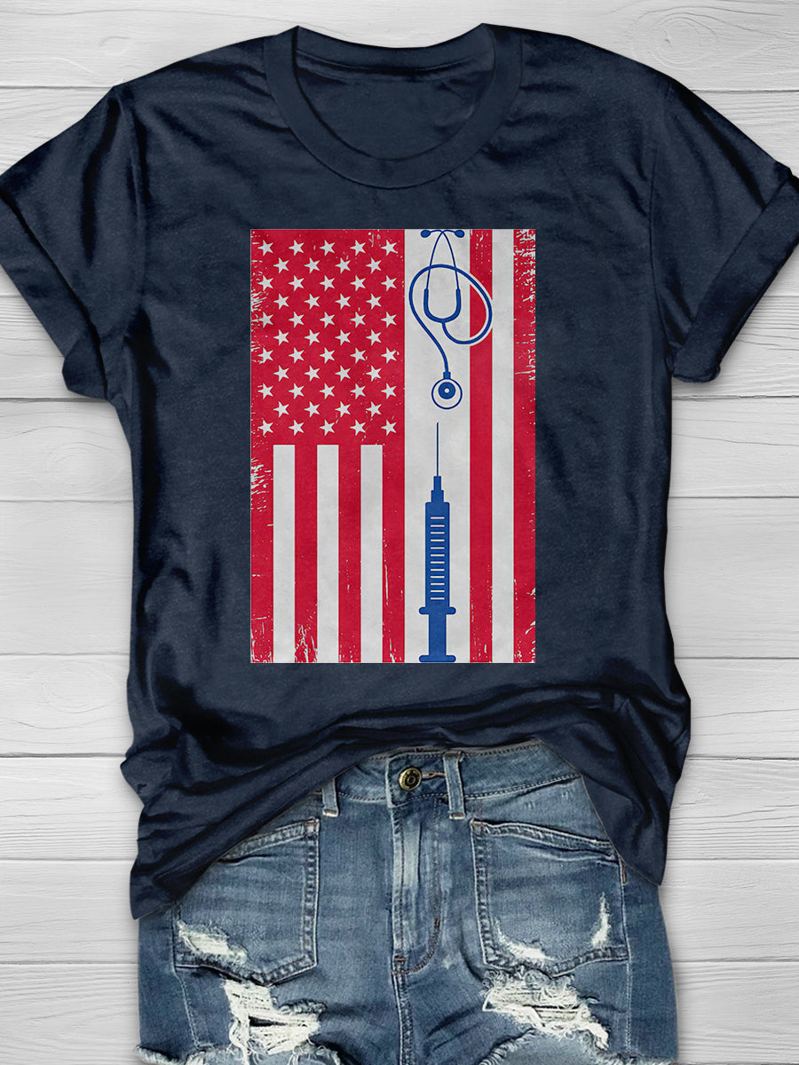 American Flag Vintage Nurse Print Short Sleeve T-shirt