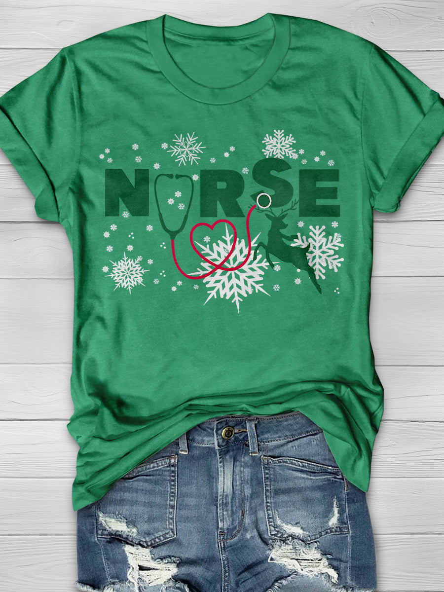 Christmas Nurse Crew Print Short Sleeve T-shirt