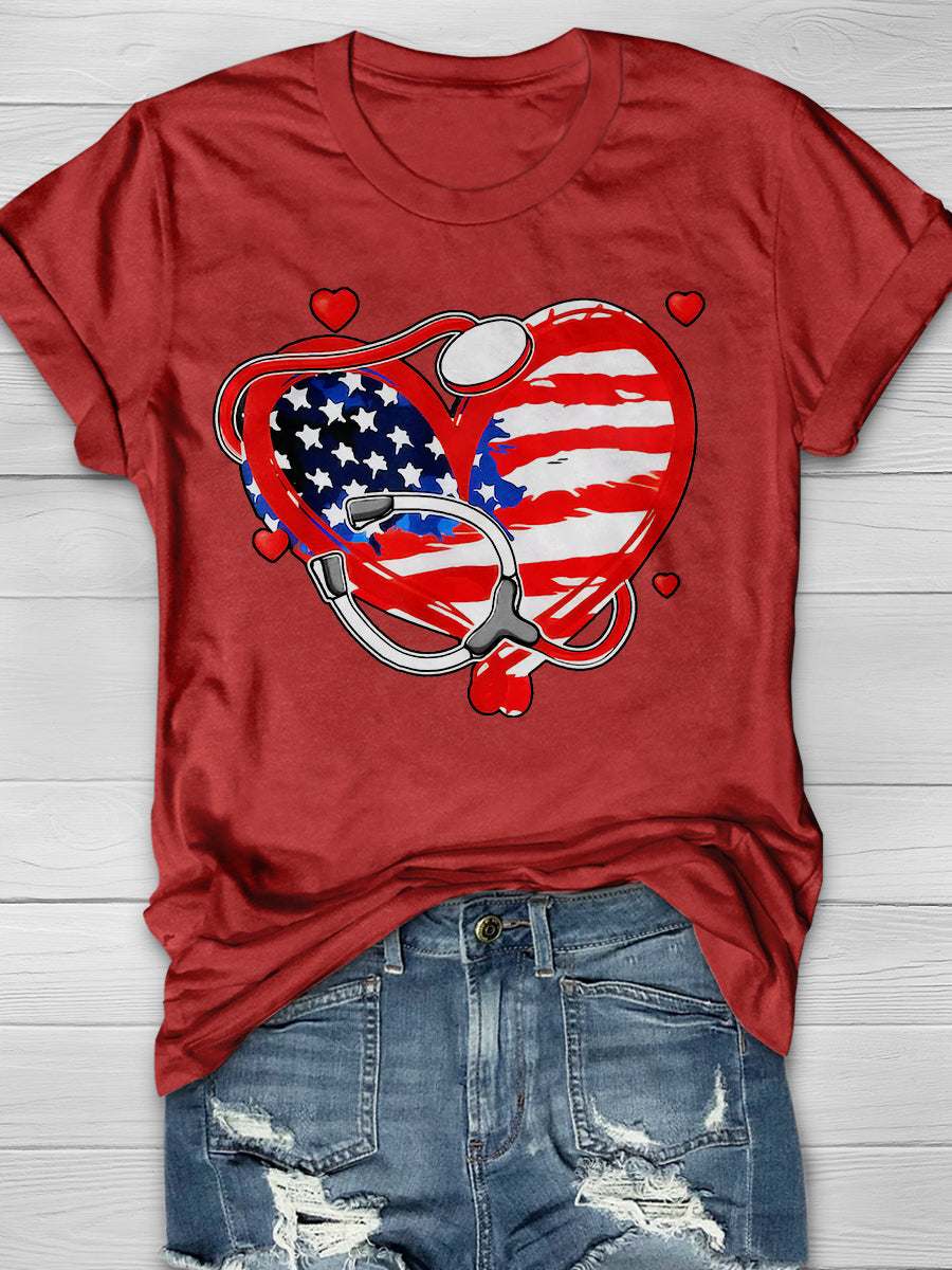 American Nurse 4th of July Print Short Sleeve T-shirt