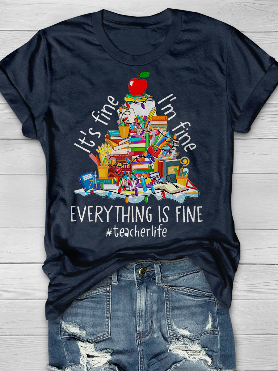 Everything Is Fine Teacher Christmas Tree Print Graphic T-shirts