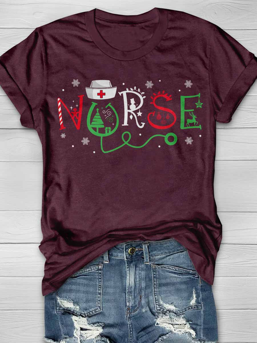 Christmas Nurse Print Short Sleeve T-shirt