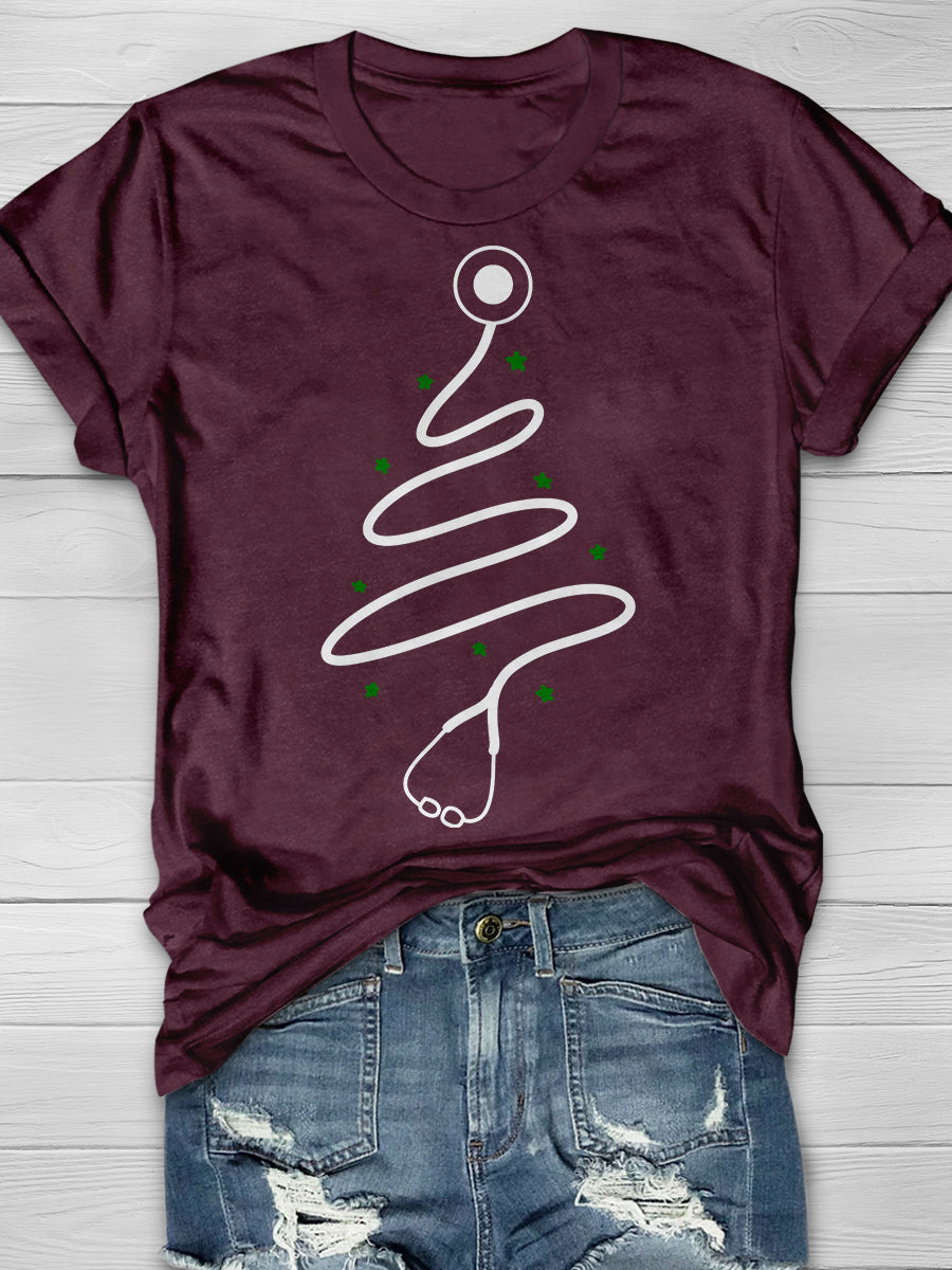 Christmas Stethoscope Tree Print Short Sleeve T-shirt