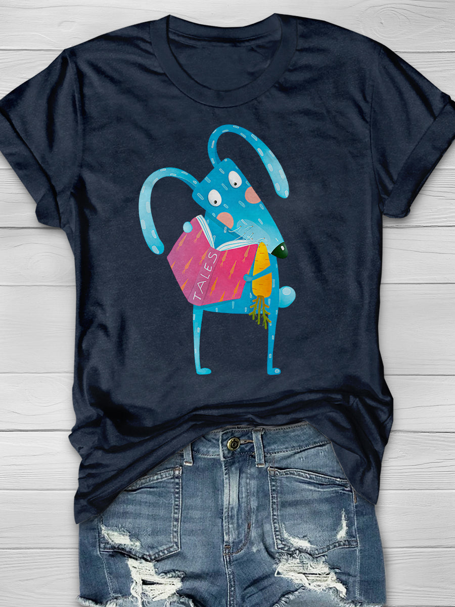 Cartoon Blue Bunny Reading Book Eating Print Graphic T-shirts