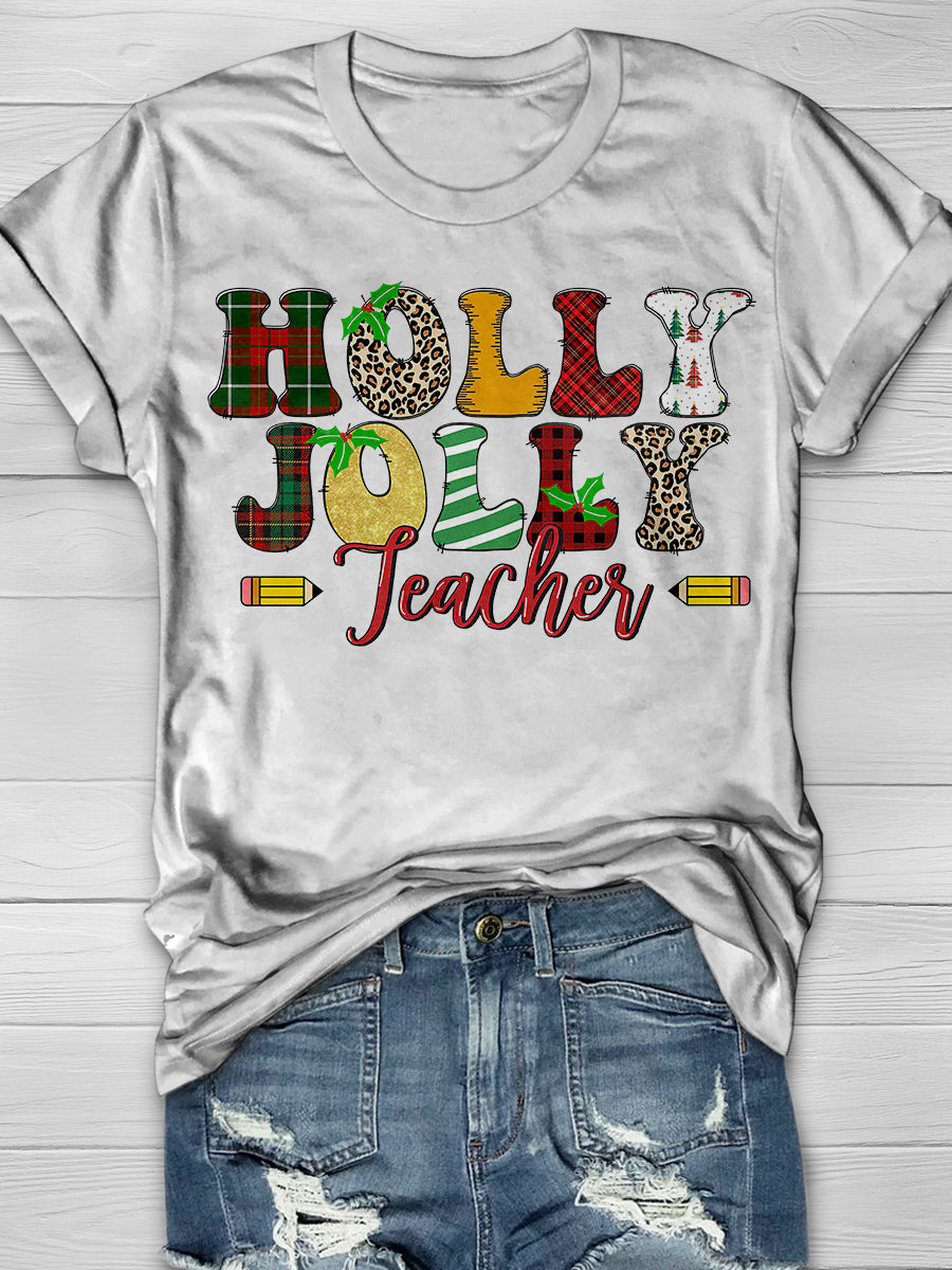 Holly Jolly Teacher Christmas Print Graphic T-shirts