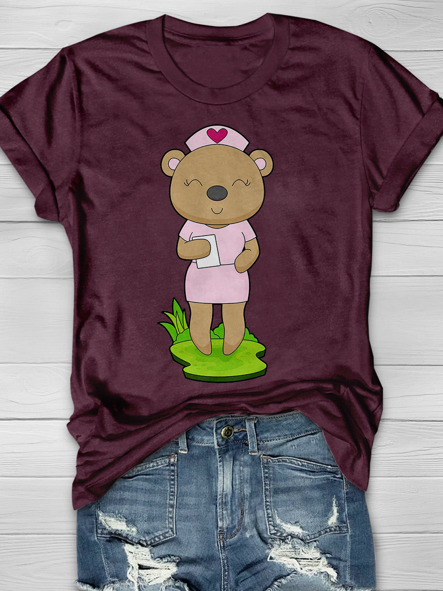 Bear Nurse Print Short Sleeve T-shirt