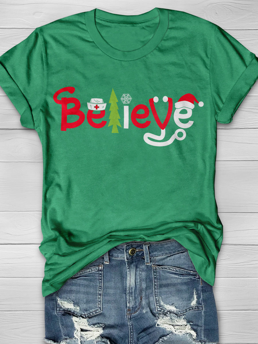 Christmas Nurse Believe Print Short Sleeve T-shirt
