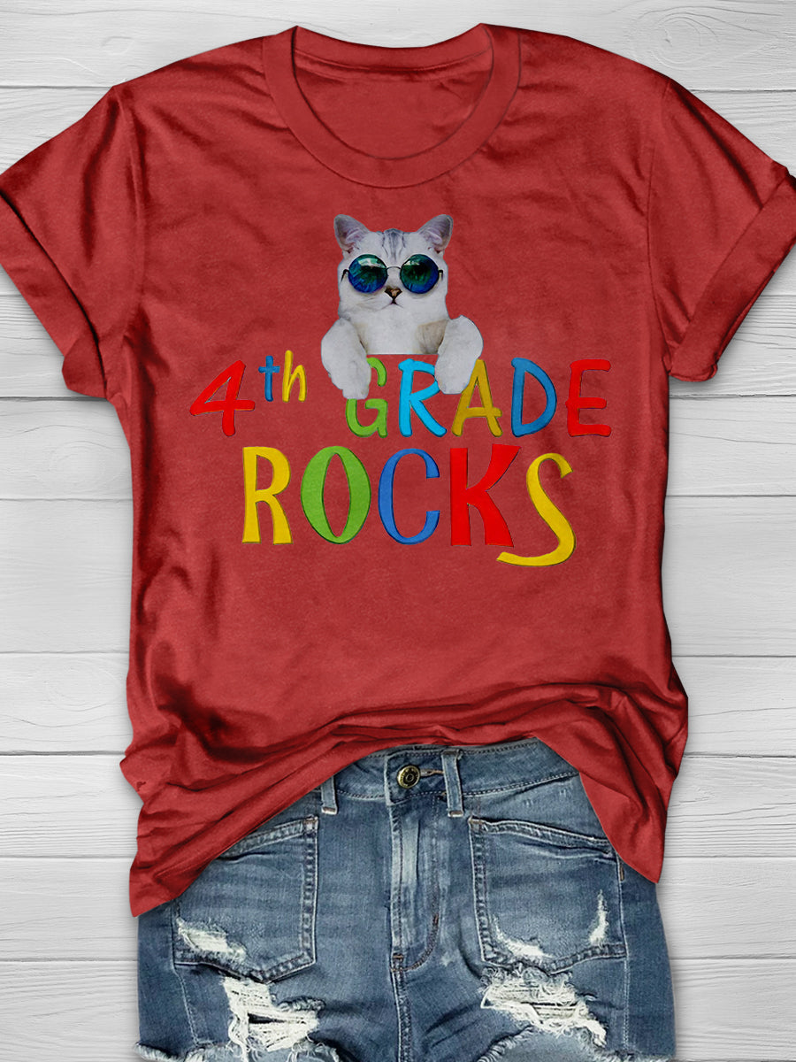 4th Grade Rocks Cool Cat Print Graphic T-shirts