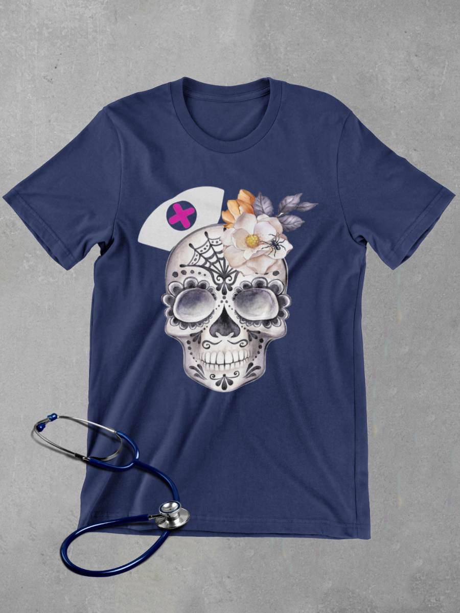 Vintage Skeleton Floral Nurse Graphic T-shirt