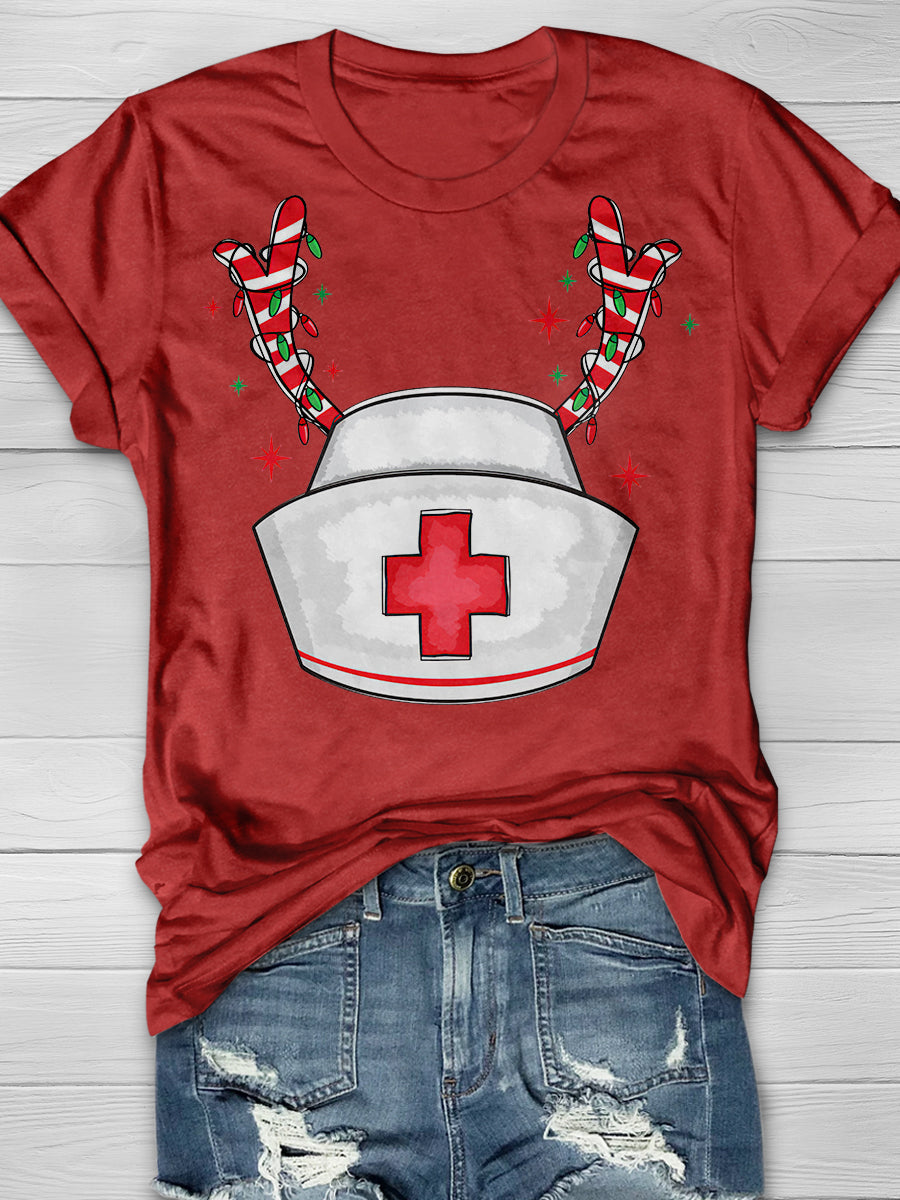 Christmas Nurse Hat Reindeer Print Short Sleeve T-shirt