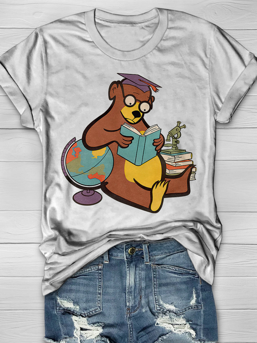 Scholarly Bear Reading Print Graphic T-shirts
