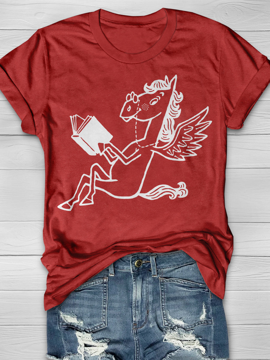Pegasus Reading Book Print Graphic T-shirts