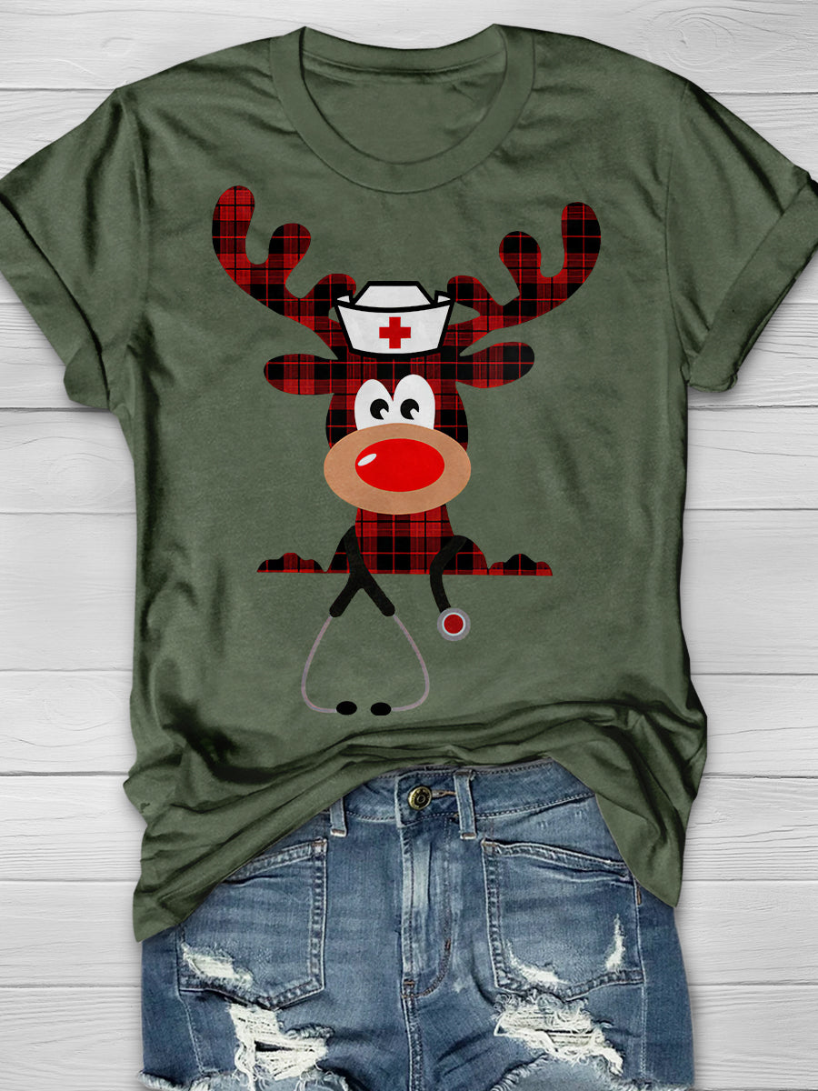 Christmas Deer Nurse Print Short Sleeve T-shirt