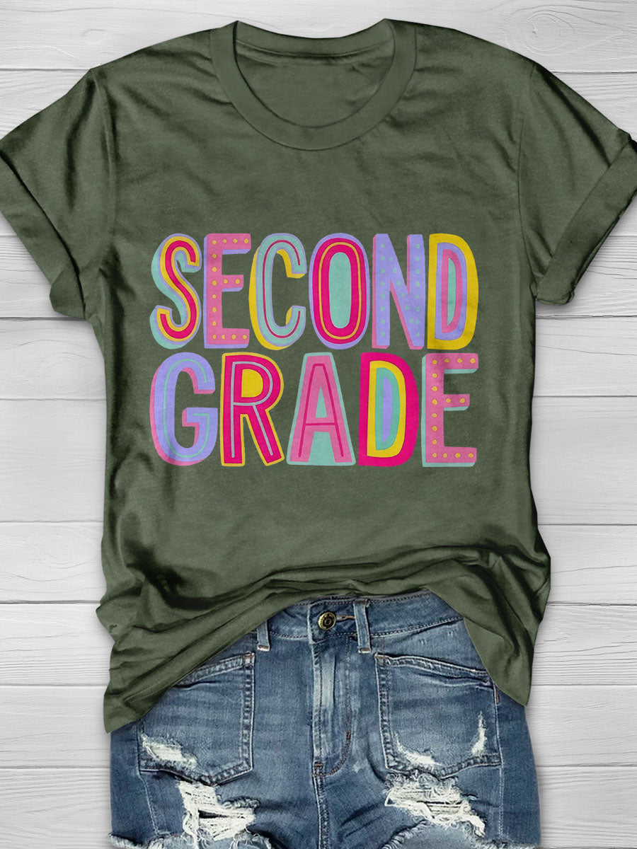 Second Grade Rainbow Print Short Sleeve T-shirt