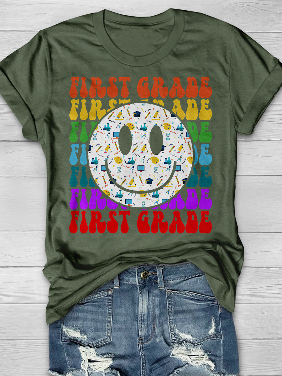 First Grade Happy Face Teacher Print Graphic T-shirts