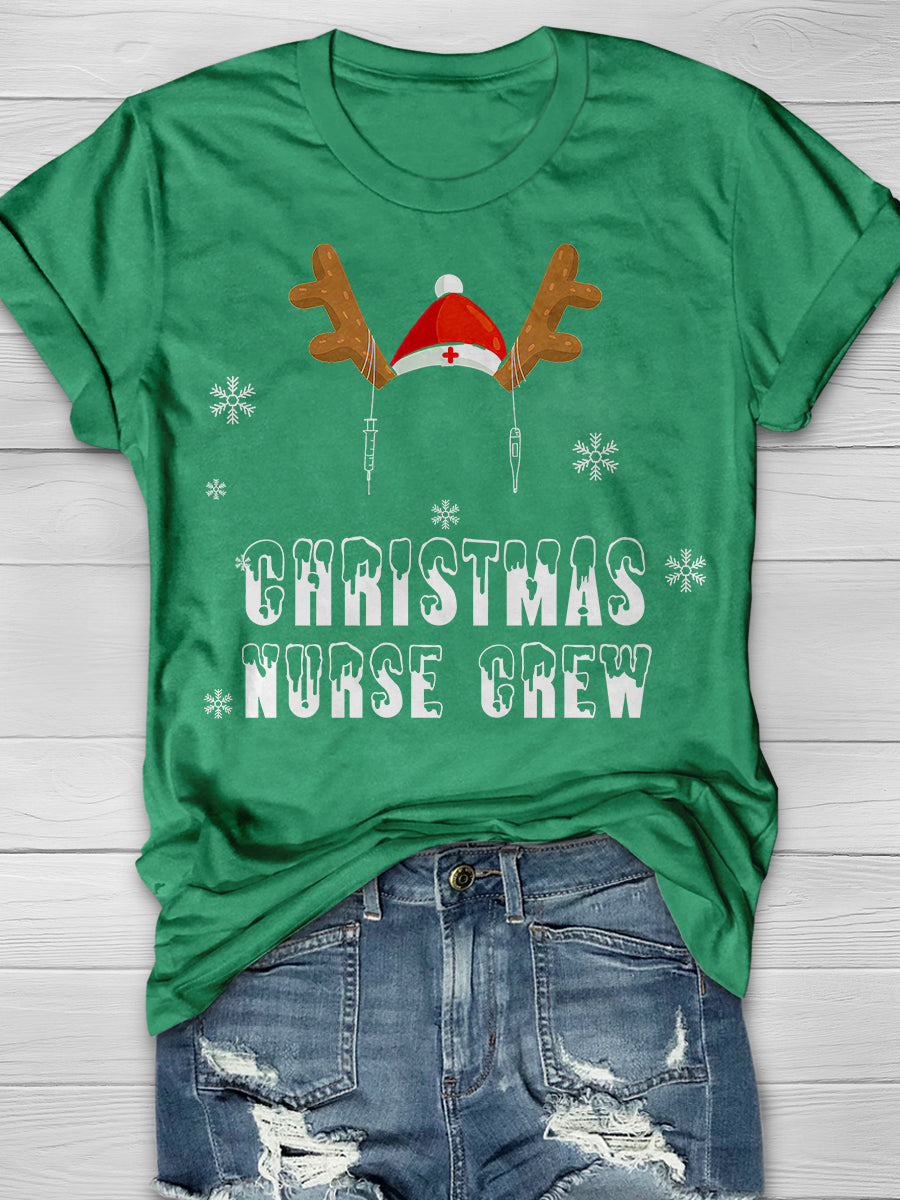 Christmas Nurse Crew Reindeer Print Short Sleeve T-shirt