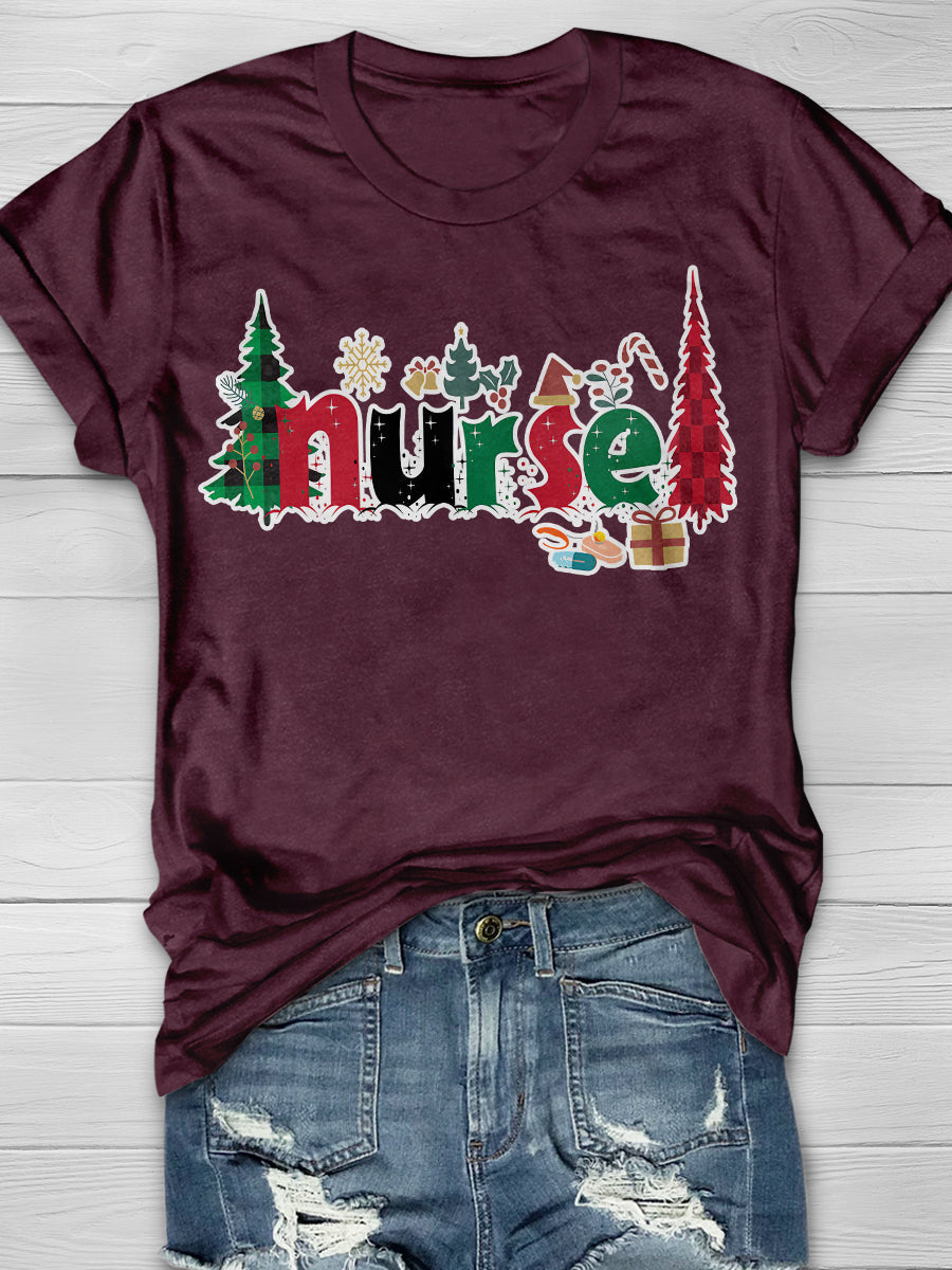 Christmas Nurse Print Short Sleeve T-shirt
