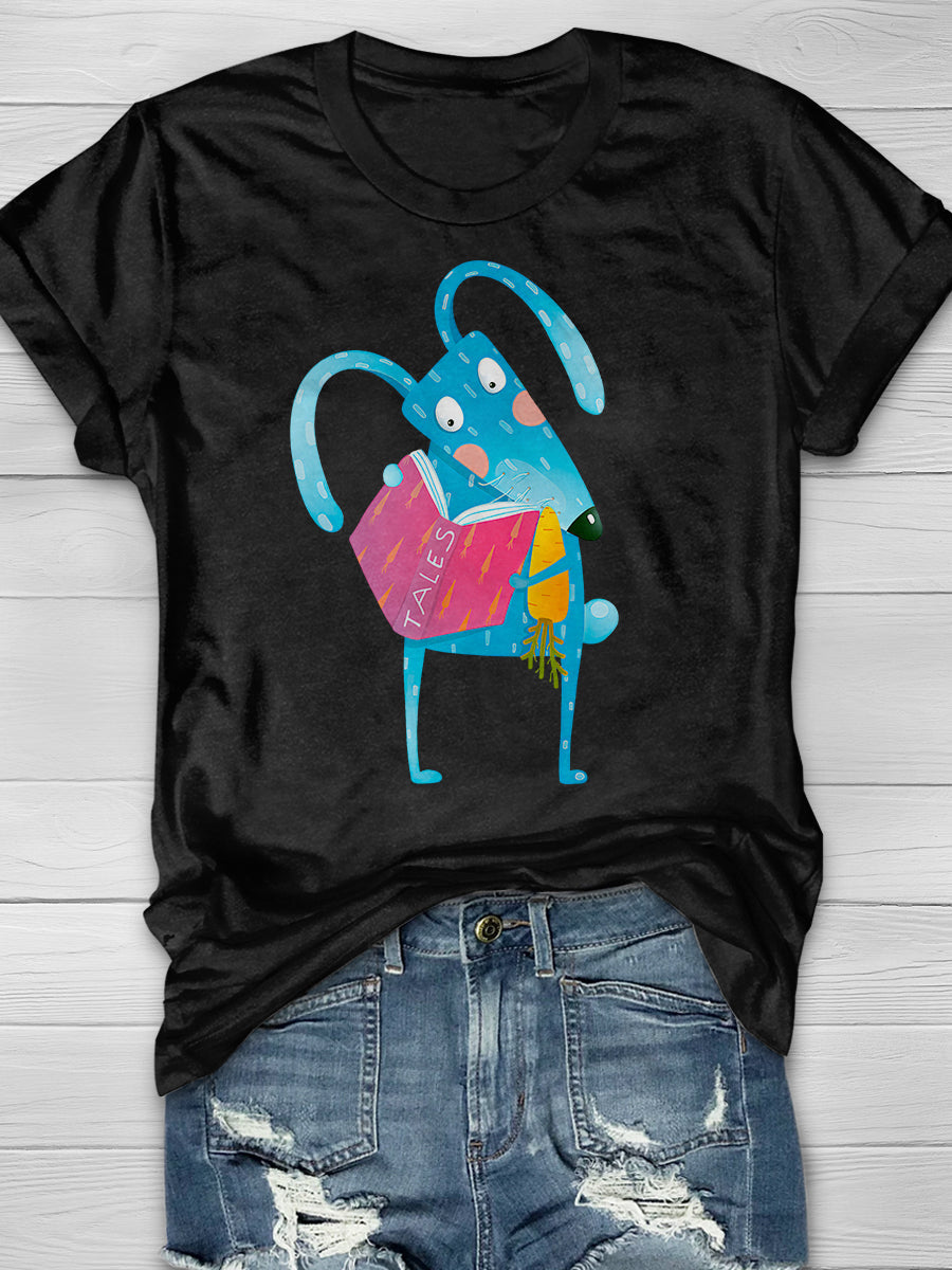 Cartoon Blue Bunny Reading Book Eating Print Graphic T-shirts