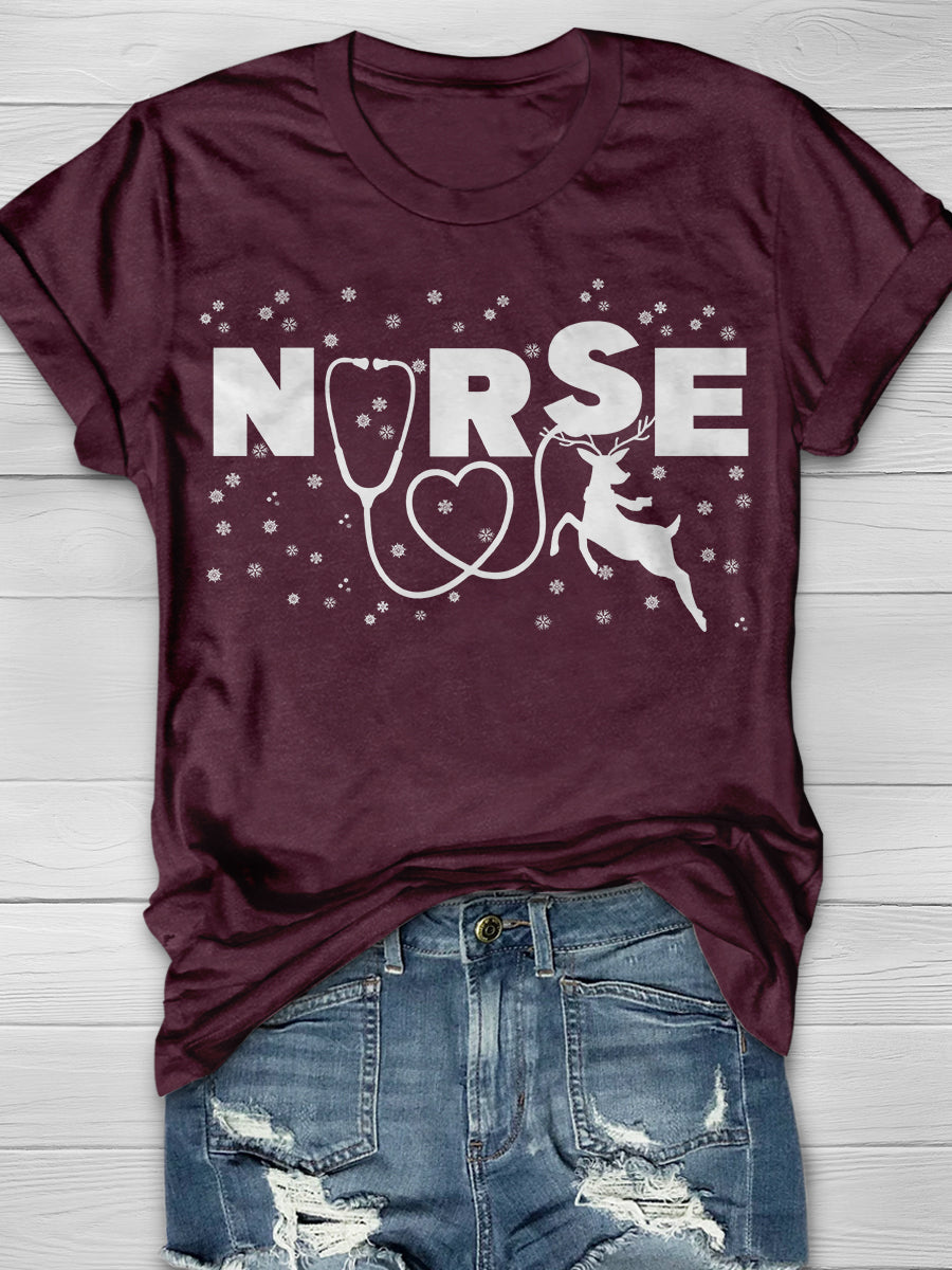 Christmas Reindeer Nurse Print Short Sleeve T-shirt