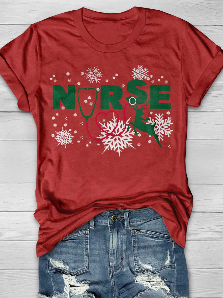 Christmas Nurse Crew Print Short Sleeve T-shirt