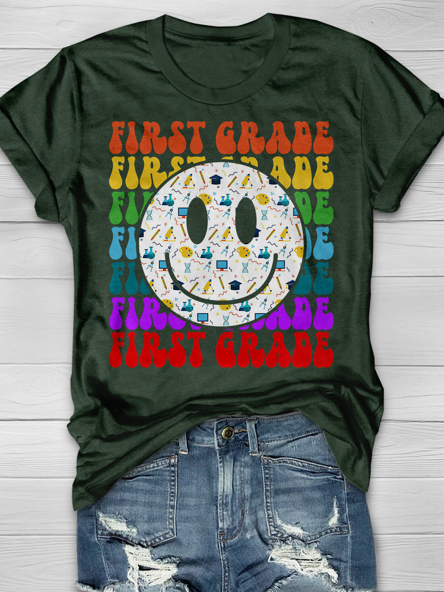 First Grade Happy Face Teacher Print Graphic T-shirts