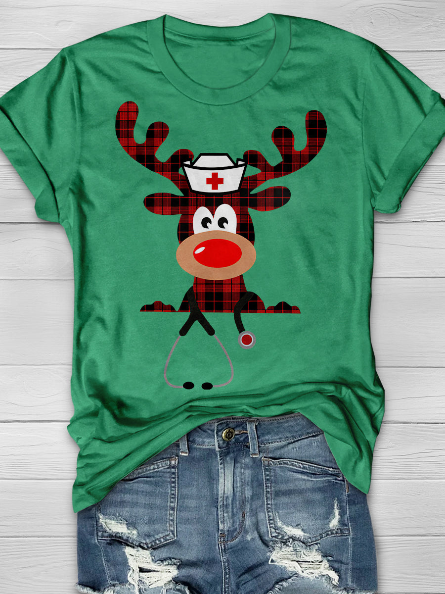Christmas Deer Nurse Print Short Sleeve T-shirt