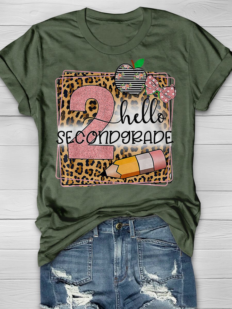 Hello Second Grade Leopard Print Graphic T-shirts