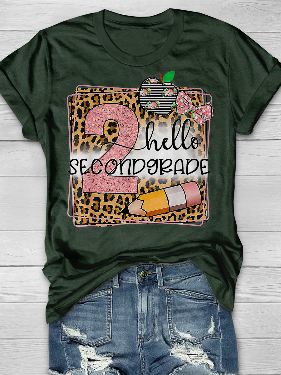 Hello Second Grade Leopard Print Graphic T-shirts