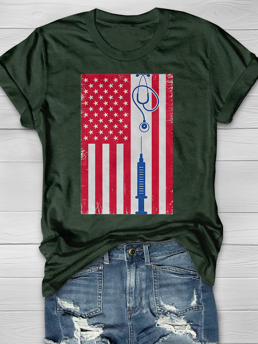 American Flag Vintage Nurse Print Short Sleeve T-shirt