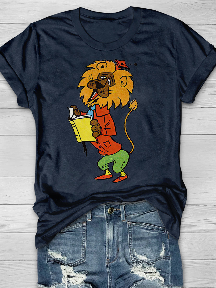 Lion Reading a Book Print Graphic T-shirts