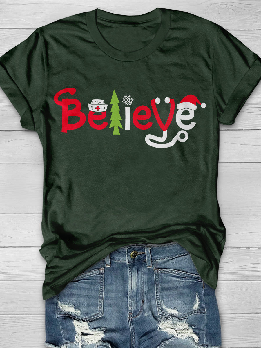 Christmas Nurse Believe Print Short Sleeve T-shirt