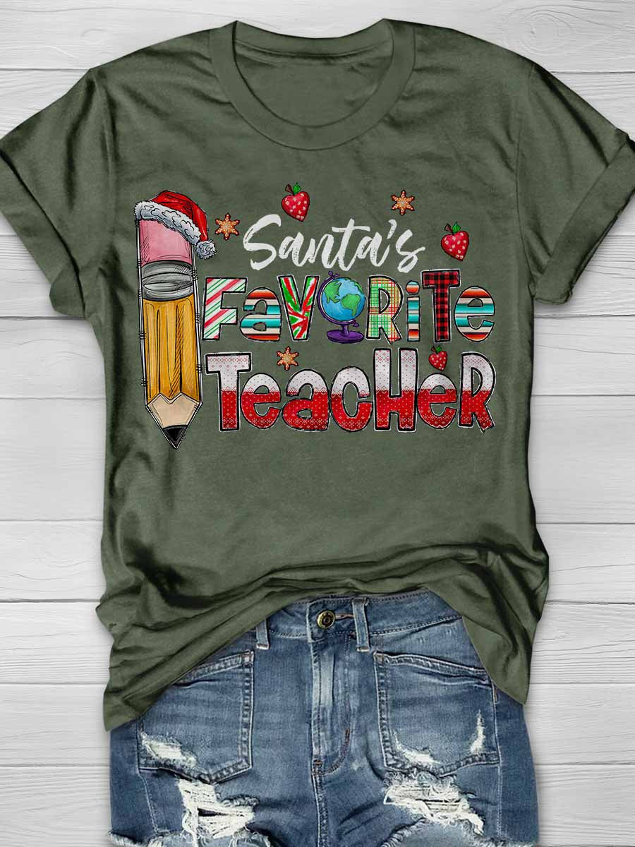 Santa's Favorite Teacher Print Graphic T-shirts
